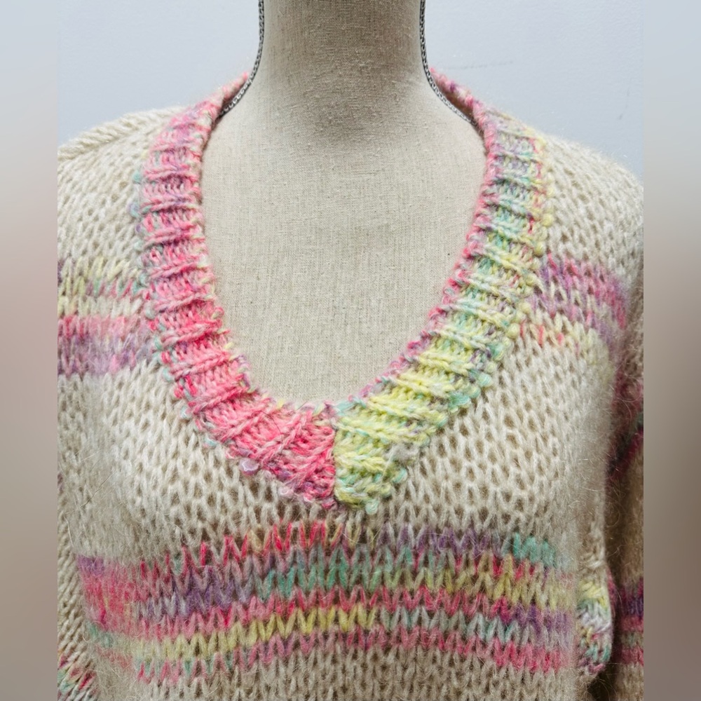 maelys Paris Mohair Blend Sweater S/M Vneck Pastel Stripes Cottage Fairy Soft